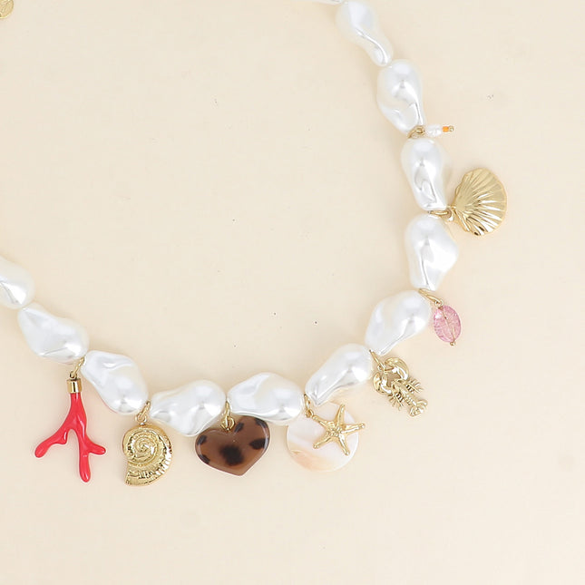 Elvia necklace on a thread - white resin beads, coral branch, seashells, leopard print resin heart, starfish, mother-of-pearl piece, lobster