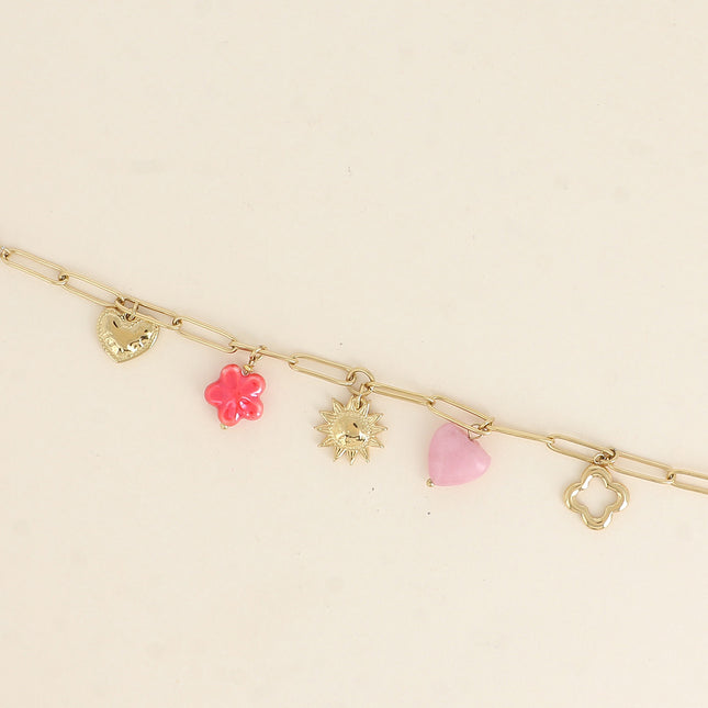 Bracelet - coeurs, perle fleur, soleil, trèfle