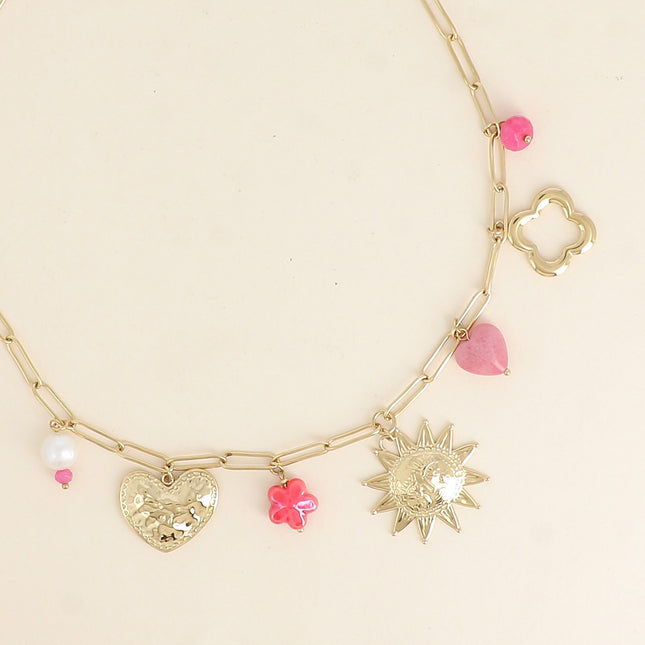 Collier - coeurs, perle fleur, soleil, trèfle