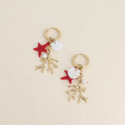 Créoles - pièce en forme de corail, coquillage nacré, perle d'eau douce et étoile de mer en résine colorée
