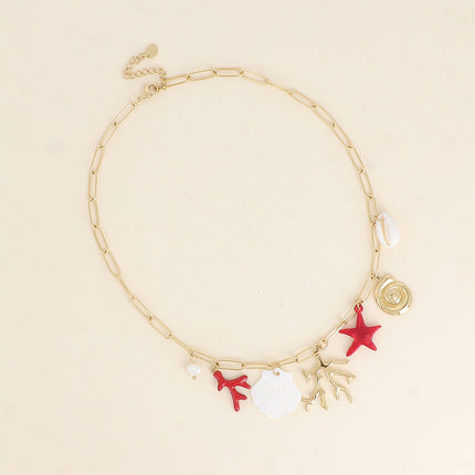 Collier - pièce en forme de corail, coquillage nacré, perle d'eau douce et étoile de mer en résine colorée