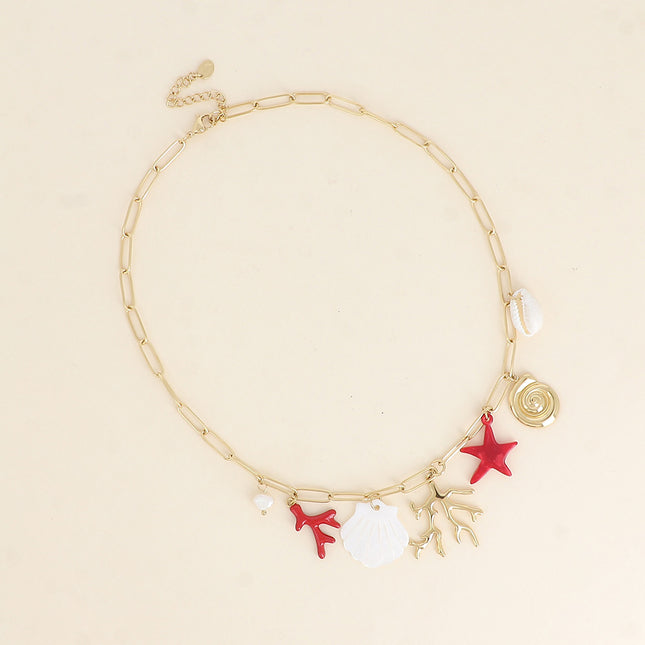 Collier - pièce en forme de corail, coquillage nacré, perle d'eau douce et étoile de mer en résine colorée