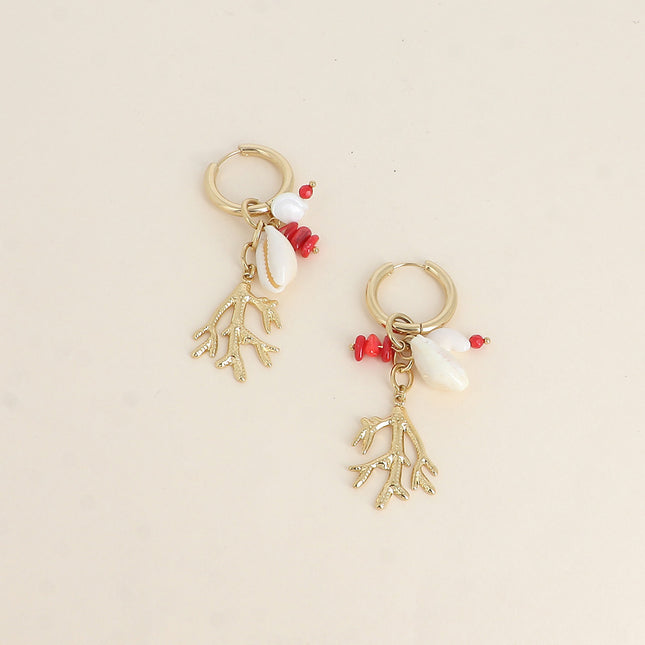 Creole earrings - coral-shaped piece, mother-of-pearl piece, natural stones and natural cowrie shell