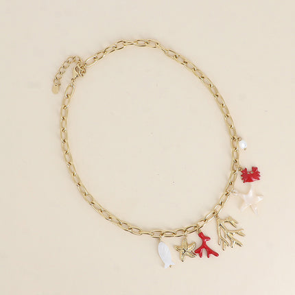 Collier - pièce en forme de corail, morceau nacré, pierres naturelles et cauri naturel