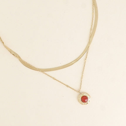 Collier 2 rangs - maille miroir et forçat alternée pincée, pendentif martelé, pierre naturelle