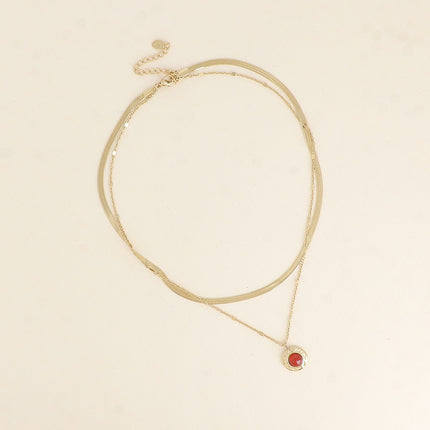 Collier 2 rangs - maille miroir et forçat alternée pincée, pendentif martelé, pierre naturelle