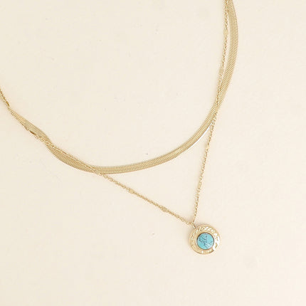 Collier 2 rangs - maille miroir et forçat alternée pincée, pendentif martelé, pierre naturelle