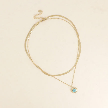 Collier 2 rangs - maille miroir et forçat alternée pincée, pendentif martelé, pierre naturelle
