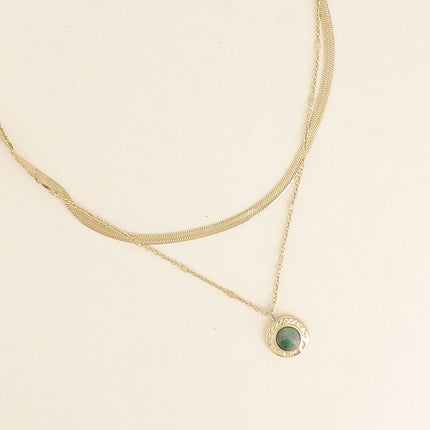 Collier 2 rangs - maille miroir et forçat alternée pincée, pendentif martelé, pierre naturelle