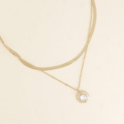 Collier 2 rangs - maille miroir et forçat alternée pincée, pendentif martelé, pierre naturelle