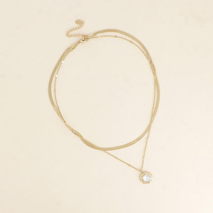 Collier 2 rangs - maille miroir et forçat alternée pincée, pendentif martelé, pierre naturelle