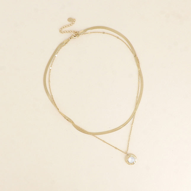 Two-strand necklace - alternating mirror and curb links, hammered pendant, natural stone