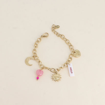 Bracelet - plaquette nacrée avec inscritpion "AMOUR" en émail, soleil, lune, coeurs