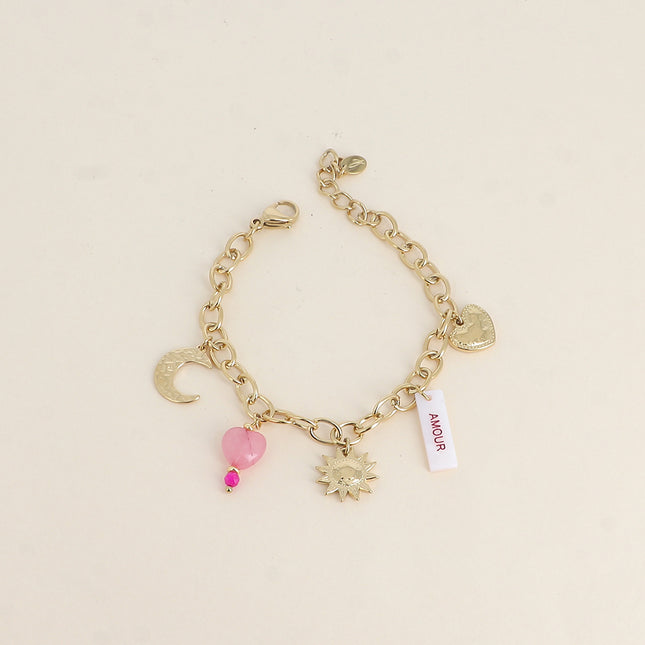 Bracelet - mother-of-pearl plaque with the inscription "LOVE" in enamel, sun, moon, hearts