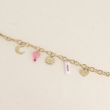 Bracelet - plaquette nacrée avec inscritpion "AMOUR" en émail, soleil, lune, coeurs