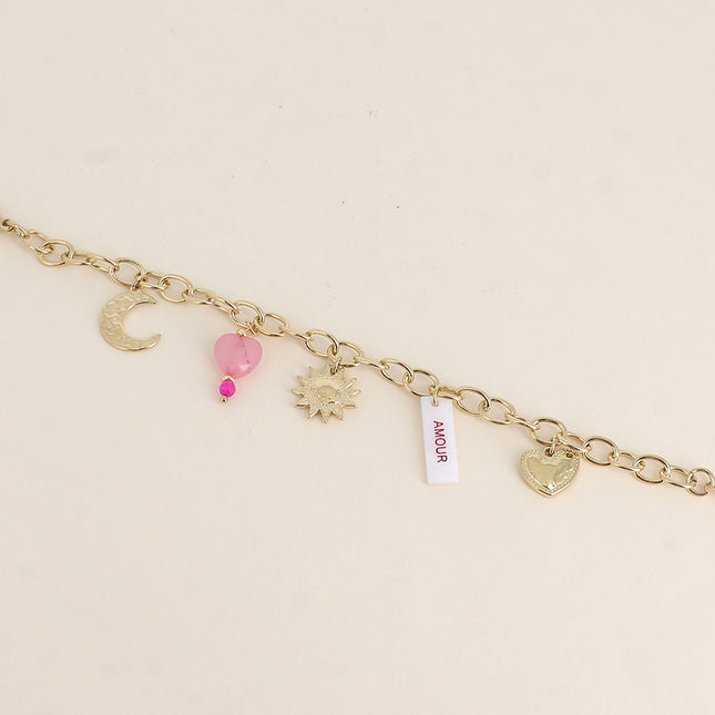 Bracelet - mother-of-pearl plaque with the inscription "LOVE" in enamel, sun, moon, hearts