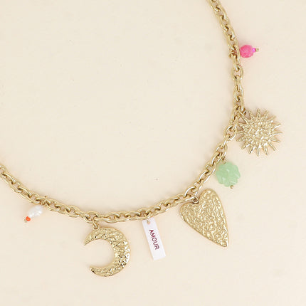 Collier - plaquette nacrée avec inscritpion "AMOUR" en émail, soleil, lune, coeur, trèfle
