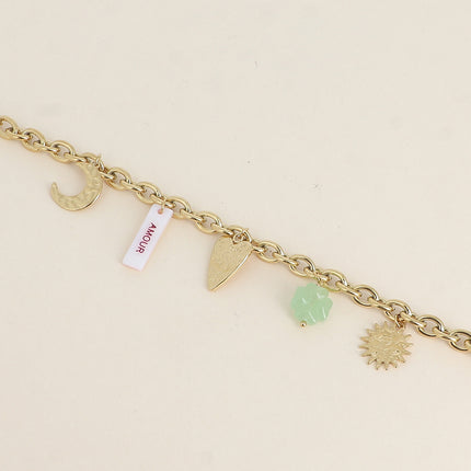 Bracelet - plaquette nacrée avec inscritpion "AMOUR" en émail, soleil, lune, coeur, trèfle