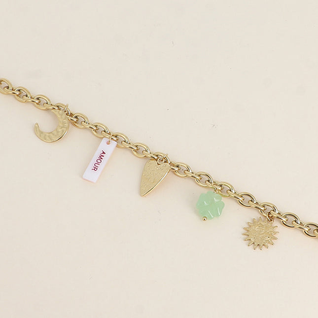 Bracelet - plaquette nacrée avec inscritpion "AMOUR" en émail, soleil, lune, coeur, trèfle