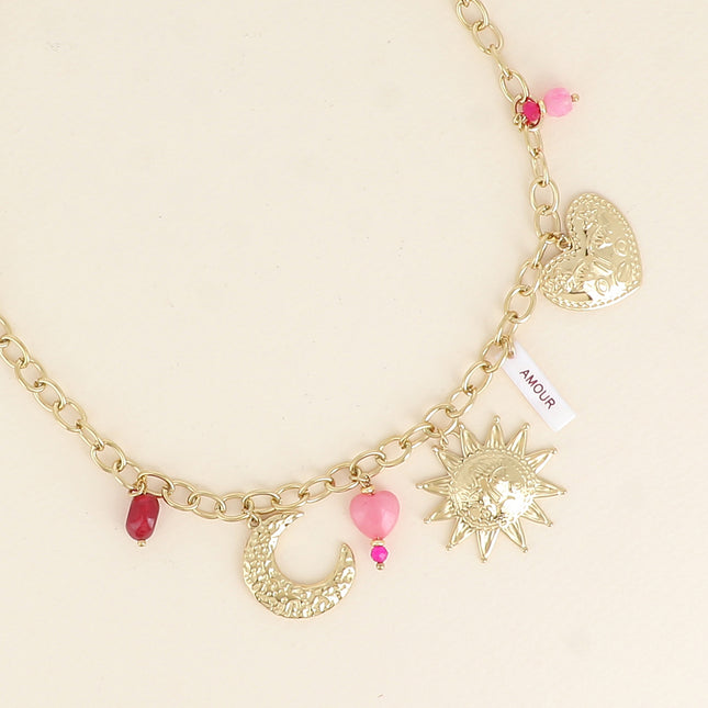 Collier - plaquette nacrée avec inscritpion "AMOUR" en émail, soleil, lune, coeurs
