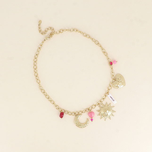 Collier - plaquette nacrée avec inscritpion "AMOUR" en émail, soleil, lune, coeurs