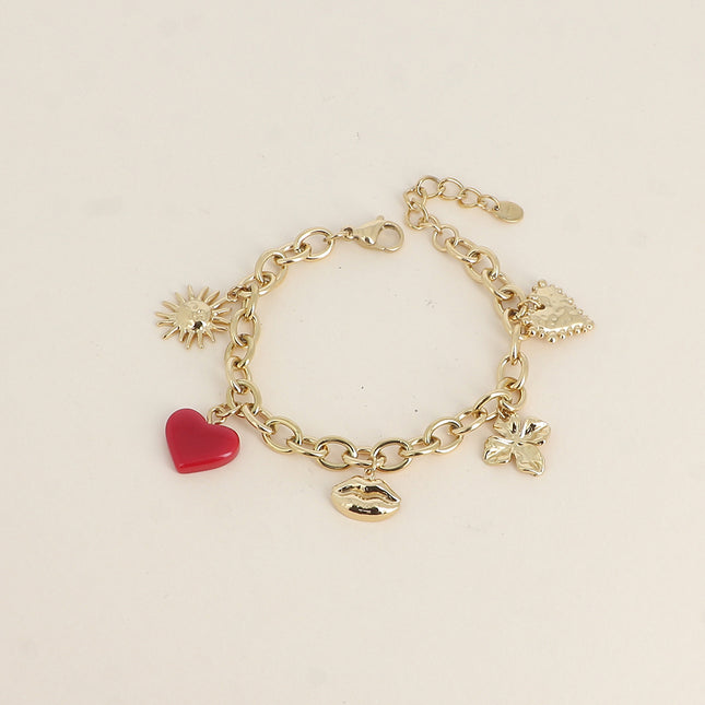 Prisca bracelet - sun, clover, resin heart, mouth and textured heart