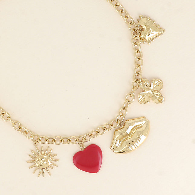 Melissa Necklace - sun, clover, resin heart, mouth and textured heart