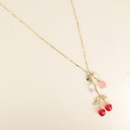 Collier Y - coeurs, cerise, fleur et perles