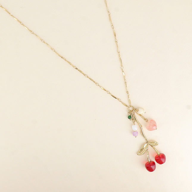Collier Y - coeurs, cerise, fleur et perles