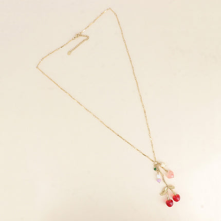 Collier Y - coeurs, cerise, fleur et perles