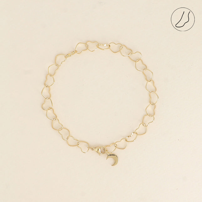 Chevillère - maillons coeurs et pendentif lune