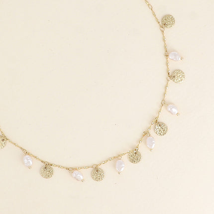 Necklace - hammered tassels and white resin beads