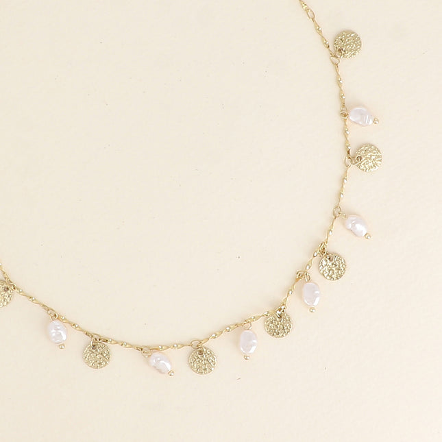 Necklace - hammered tassels and white resin beads