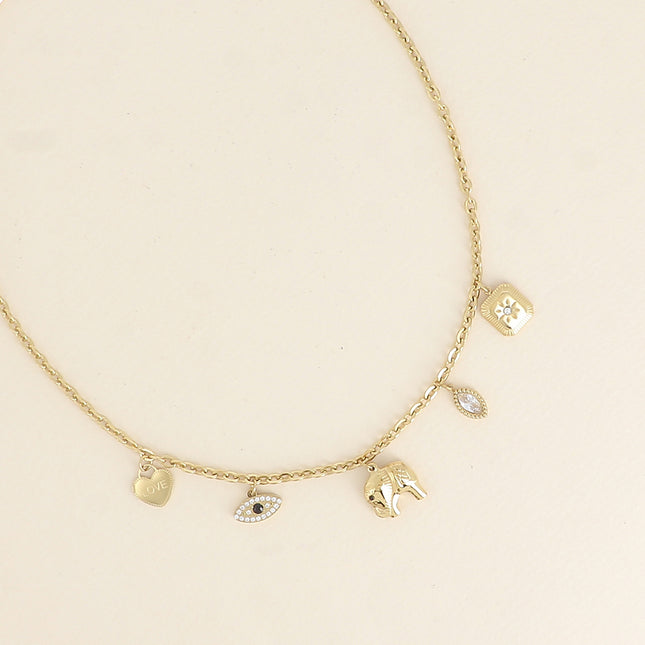 Collier - multiples breloques (coeur Love, oeil, éléphant, cristal et fleur)