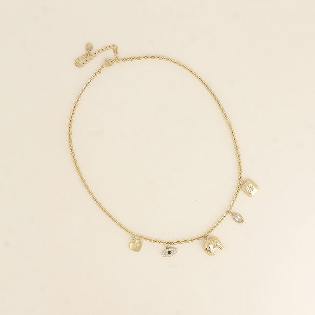 Collier - multiples breloques (coeur Love, oeil, éléphant, cristal et fleur)