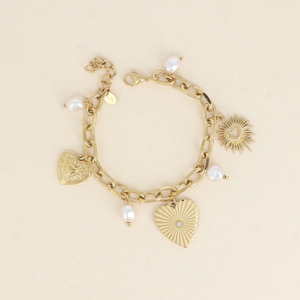 Bracelet - oval links, heart charms, white resin beads
