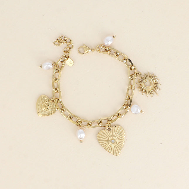 Bracelet - oval links, heart charms, white resin beads