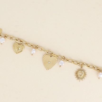 Bracelet - oval links, heart charms, white resin beads