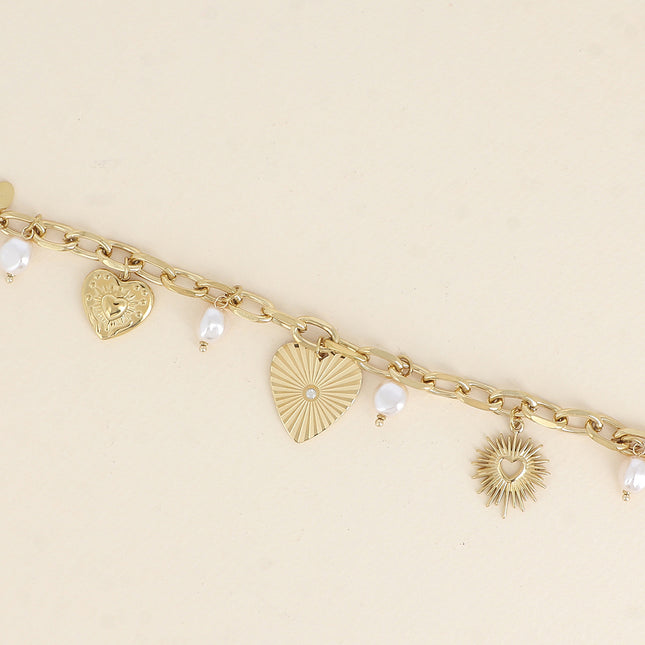 Bracelet - oval links, heart charms, white resin beads