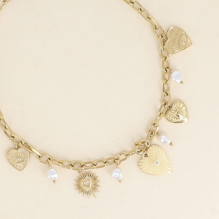Necklace - oval links, heart charms, white resin beads