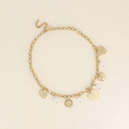 Necklace - oval links, heart charms, white resin beads