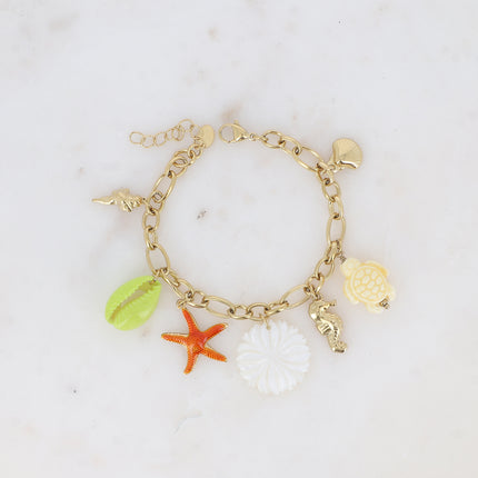 Bracelet - mother-of-pearl flower, marine charms (enamelled starfish, turtle and cowrie shells, seashells)