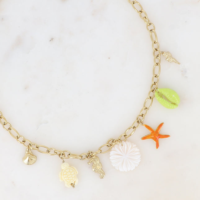 Necklace - mother-of-pearl flower, marine charms (enamelled starfish, turtle and cowrie shells, seashells)