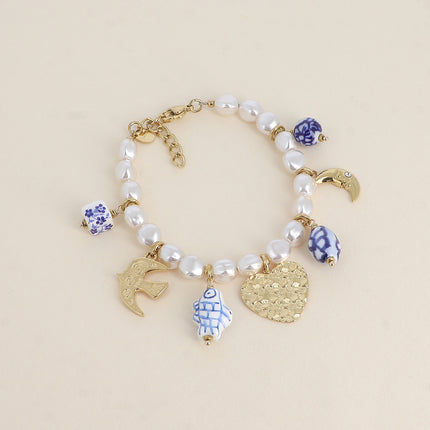 Bracelet on a thread - hearts, sun, bird, moon, glazed ceramic beads
