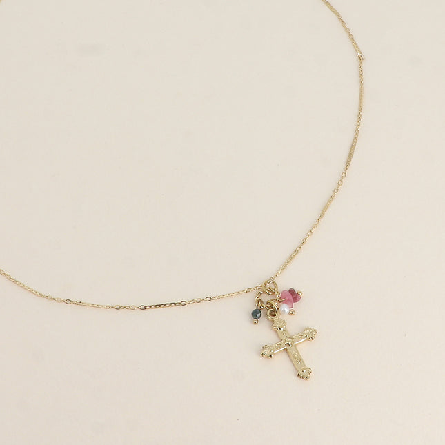 Collier - Croix religieuse, pierres naturelles