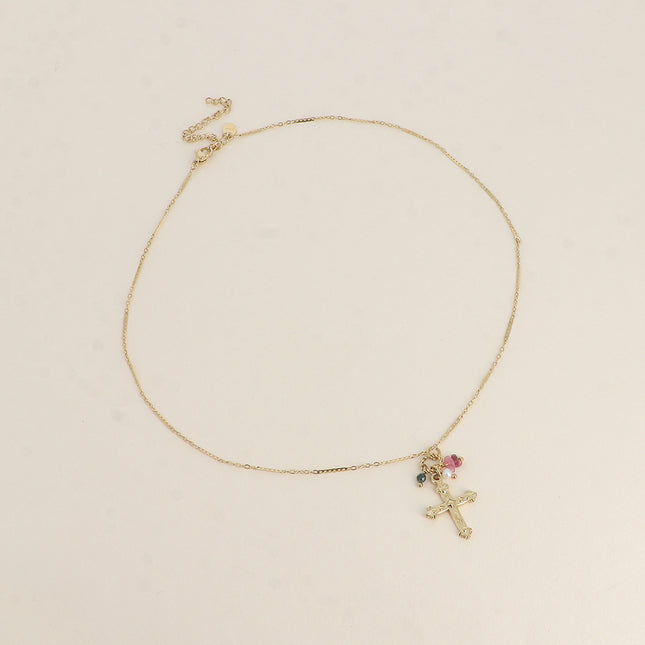 Collier - Croix religieuse, pierres naturelles