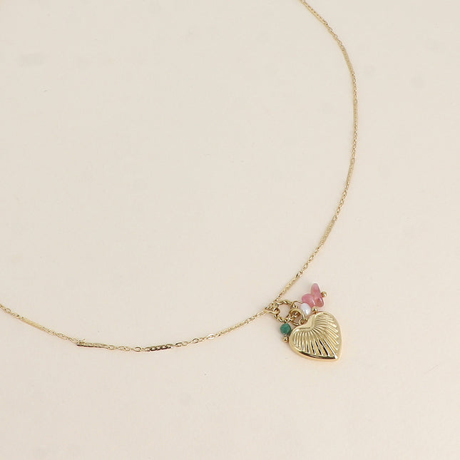 Collier - coeur strié, pierres naturelles