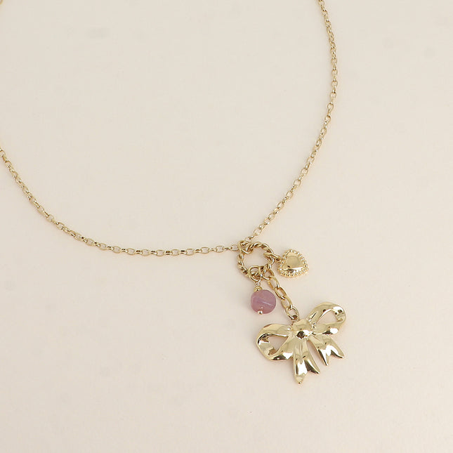 Necklace - bow tie, heart and natural stone