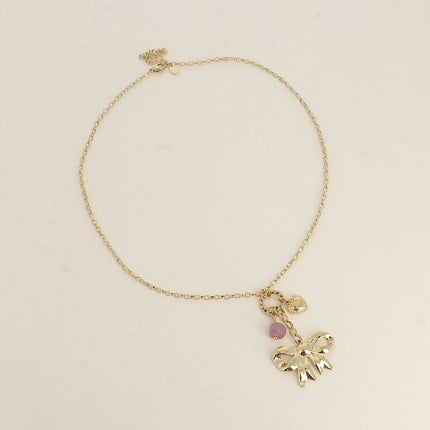 Collier - noeud papillon, coeur et pierre naturelle