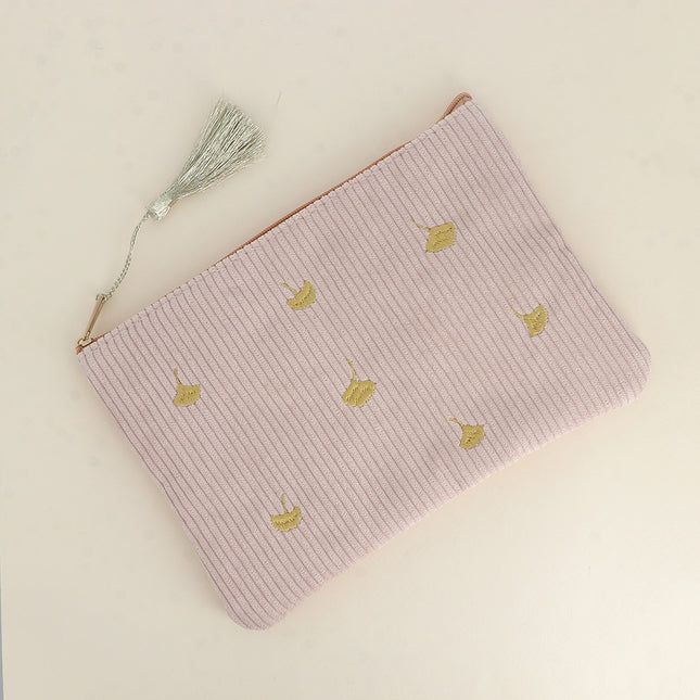 Trousse - petits ginkgos - velours côtelé - 20 x 14 cm